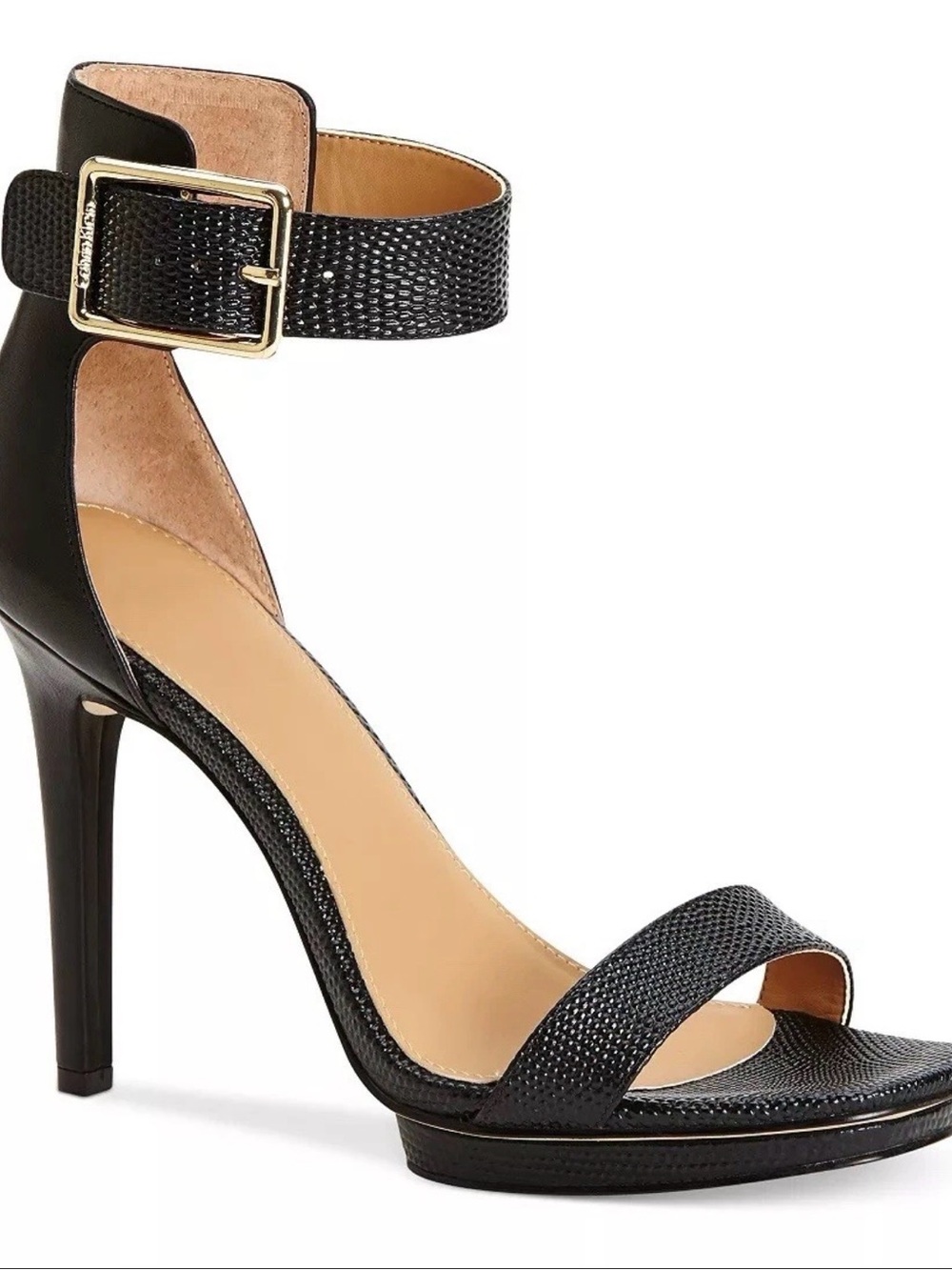 Calvin Klein Black Vable Ankle-Strap High Heel Sandals with Gold Buckle Platform